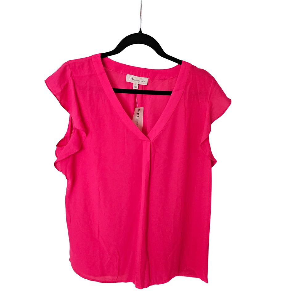 Philosophy Republic Clothing Hot Pink Ruffle‎ Sleeve V-Neck Blouse Large NWT